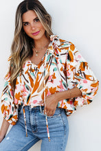Load image into Gallery viewer, Yellow Abstract Print Drawstring Frilled V Neck 3/4 Sleeve Blouse
