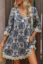 Load image into Gallery viewer, Sky Blue Vintage Printed Lace Trim V Neck 3/4 Sleeve Loose Dress
