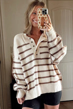 Load image into Gallery viewer, Brown Stripe Ribbed Henley Drop Shoulder Slouchy Sweater
