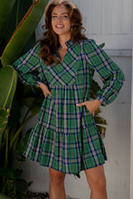 Load image into Gallery viewer, Green Plaid Print Frilly Collar Long Sleeve Shift Mini Dress
