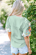 Load image into Gallery viewer, Clearly Aqua Floral Embroidered Puff Sleeve Split Neck Blouse

