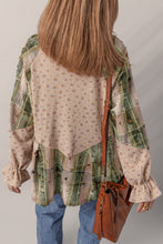 Load image into Gallery viewer, Mist Green Boho Floral Plaid Patchwork Distressed Detail Ruffled Sleeve Waffle Knit Shacket
