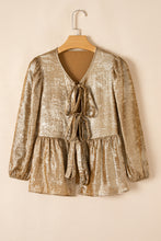 Load image into Gallery viewer, Gold Bow Tie Front Puff 3/4 Sleeve Ruffle Hem Blouse
