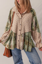 Load image into Gallery viewer, Mist Green Boho Floral Plaid Patchwork Distressed Detail Ruffled Sleeve Waffle Knit Shacket
