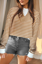 Load image into Gallery viewer, Khaki Stripe Patched Edge Textured Round Neck Long Sleeve Top
