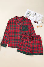 Load image into Gallery viewer, Red Plus Size Plaid Contrast Patchwork Long Sleeve Shirt and Shorts 2pcs Pajama Set
