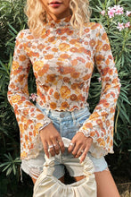 Load image into Gallery viewer, Orange Floral Printed Bell Sleeve Mock Neck Scallop Trim Blouse
