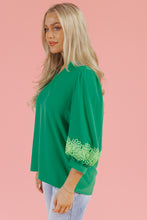 Load image into Gallery viewer, Green Contrast Floral Embroidered 3/4 Sleeve Notched V Neck Elegant Blouse
