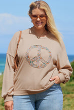 Load image into Gallery viewer, Pale Khaki Floral Peace Sign Graphic Washed Terry Plus Size Sweatshirt
