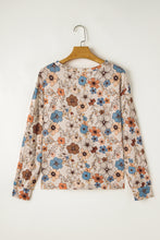 Load image into Gallery viewer, Khaki Floral Print Loose Crew Neck Long Sleeve T Shirt
