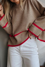 Load image into Gallery viewer, Simply Taupe Ribbed Knit Contrasted Stripe Detail Button Side Loose Sweater
