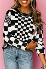 Load image into Gallery viewer, Black Checkered Print Drop Shoulder Round Neck Sweater
