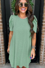 Load image into Gallery viewer, Mint Green Corded Knit Crew Neck Puff Sleeve Shift Mini Dress
