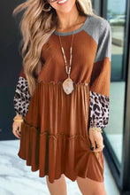 Load image into Gallery viewer, Brown Waffle Knit Leopard Patchwork Long Sleeve Dress
