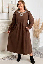 Load image into Gallery viewer, Coffee Embroidered Notched Neckline Textured Pleated High Waist Plus Size Midi Dress
