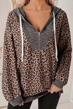 Load image into Gallery viewer, Khaki Ribbed Leopard Print Contrast Collar Zip Hooded Pullover Sweatshirt
