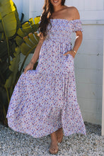 Load image into Gallery viewer, Purple Floral Short Bubble Sleeve Shirred High Waist Maxi Dress
