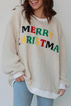 Load image into Gallery viewer, White MERRY CHRISTMAS Multicolor Embroidered Sherpa Pullover Sweatshirt
