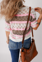 Load image into Gallery viewer, Brown Stripe Color Block Hollow Out Crochet Half Sleeve Sweater
