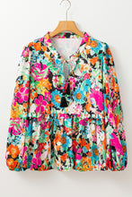 Load image into Gallery viewer, Multicolour Floral Print Bubble Sleeve V Neck Ruffled Blouse
