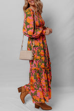 Load image into Gallery viewer, Orange Floral Puff Sleeve Smocked Bodice Ruffled Long Dress
