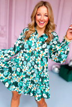 Load image into Gallery viewer, Green Floral Tiered Long Puff Sleeve Shirt Dress
