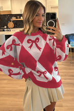 Load image into Gallery viewer, Red Bow Print 2-tone Rhombus Knit Loose Sweater
