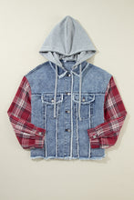 Load image into Gallery viewer, Beau Blue Plaid Print Patchwork Hooded Raw Hem Denim Jacket
