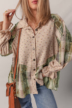 Load image into Gallery viewer, Mist Green Boho Floral Plaid Patchwork Distressed Detail Ruffled Sleeve Waffle Knit Shacket
