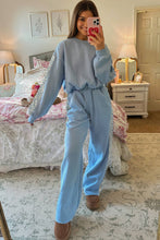 Load image into Gallery viewer, Beau Blue Floral Patchwork Drop Shoulder Pullover and Sweatpants Lounge Set
