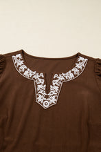 Load image into Gallery viewer, Coffee Embroidered Notched Neckline Textured Pleated High Waist Plus Size Midi Dress
