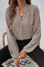 Load image into Gallery viewer, Khaki Geometric Print Notched Neck Puff Sleeve Blouse
