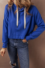 Load image into Gallery viewer, Dark Blue Solid Drop Shoulder Drawstring Cropped Hoodie
