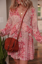 Load image into Gallery viewer, Pink Bohemian Floral Print Tassel Tie Long Sleeve Flowy Mini Dress
