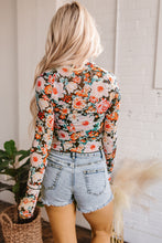 Load image into Gallery viewer, Orange Floral Mesh Slim Long Sleeve Crop Top

