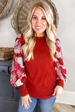 Load image into Gallery viewer, Fiery Red Contrast Mixed Animal Print Lantern Sleeve Patchwork Top
