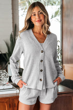 Load image into Gallery viewer, Light Grey 3 Pieces Rib Crop Camisole Matching Shorts Lounge Set with Cardigan
