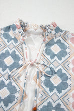 Load image into Gallery viewer, Khaki Geometric Print Tassel Tie Split Neck Balloon Sleeve Blouse
