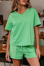 Load image into Gallery viewer, Mint Green V Neck Drop Shoulder Tee and Patchwork Drawstring Elastic Waistband Shorts Set
