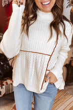 Load image into Gallery viewer, White Mix Texture Patchwork Contrast Stitch Mock Neck Sweater
