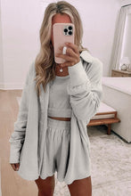 Load image into Gallery viewer, Gray 3 Pcs Crop Tank Top Shorts with Cardigan Lounge Set
