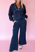 Load image into Gallery viewer, Navy Blue Contrast Piping Zipped Pullover Cropped Pants Set
