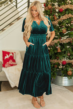 Load image into Gallery viewer, Evergreen Velvet Short Sleeve Shirred Waist Tiered Maxi Dress
