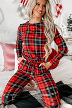 Load image into Gallery viewer, Red Festive Plaid Print Round Neck Long Sleeve and Pants 2 Piece Lounge Set
