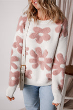 Load image into Gallery viewer, White Textured Flower Drop Shoulder Loose Sweater
