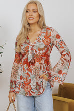 Load image into Gallery viewer, Orange Floral Print Deep V Neck Knot Bell Sleeve Blouse
