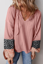 Load image into Gallery viewer, Dusty Pink Floral Patchwork Textured Knit Drawstring V Neck Blouse
