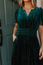 Load image into Gallery viewer, Evergreen Velvet Short Sleeve Shirred Waist Tiered Maxi Dress
