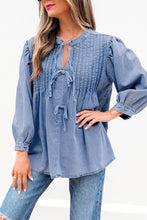 Load image into Gallery viewer, Myosotis Denim Front Pintuck Bow Tie Puff Sleeve Top
