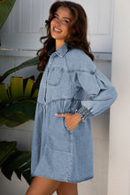 Load image into Gallery viewer, Beau Blue Smocked Cuffs Flared Denim Shirt Mini Dress
